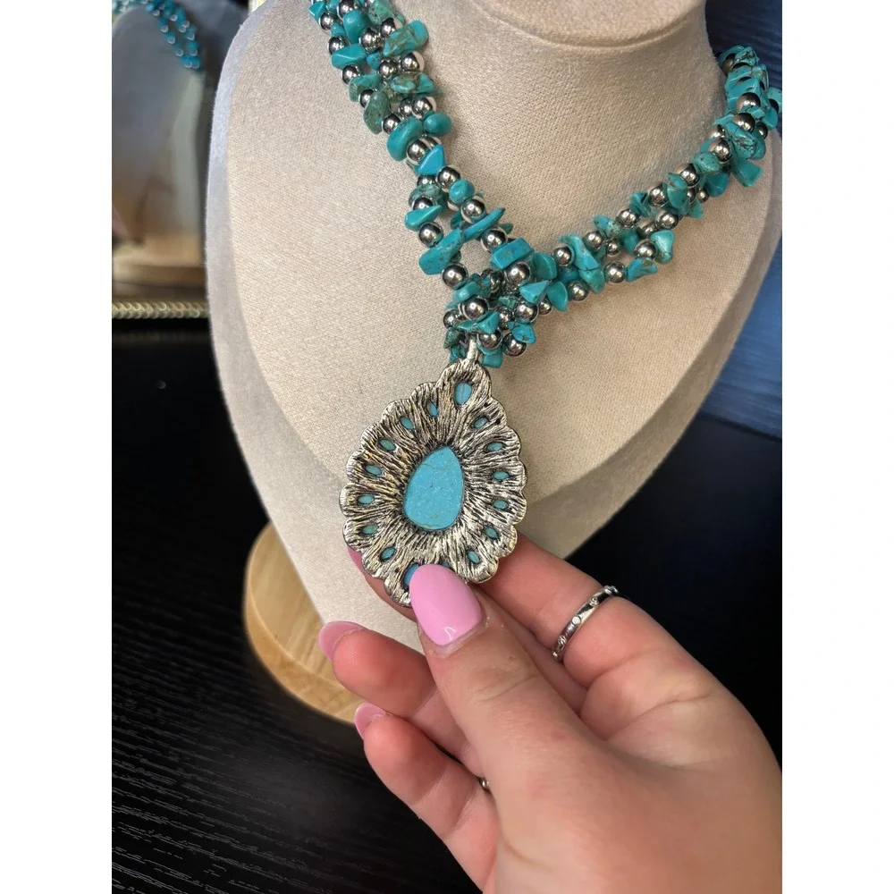 Boho Turquoise Chip Multi Strand Statement Necklace Silver Tone Teardrop Pendant